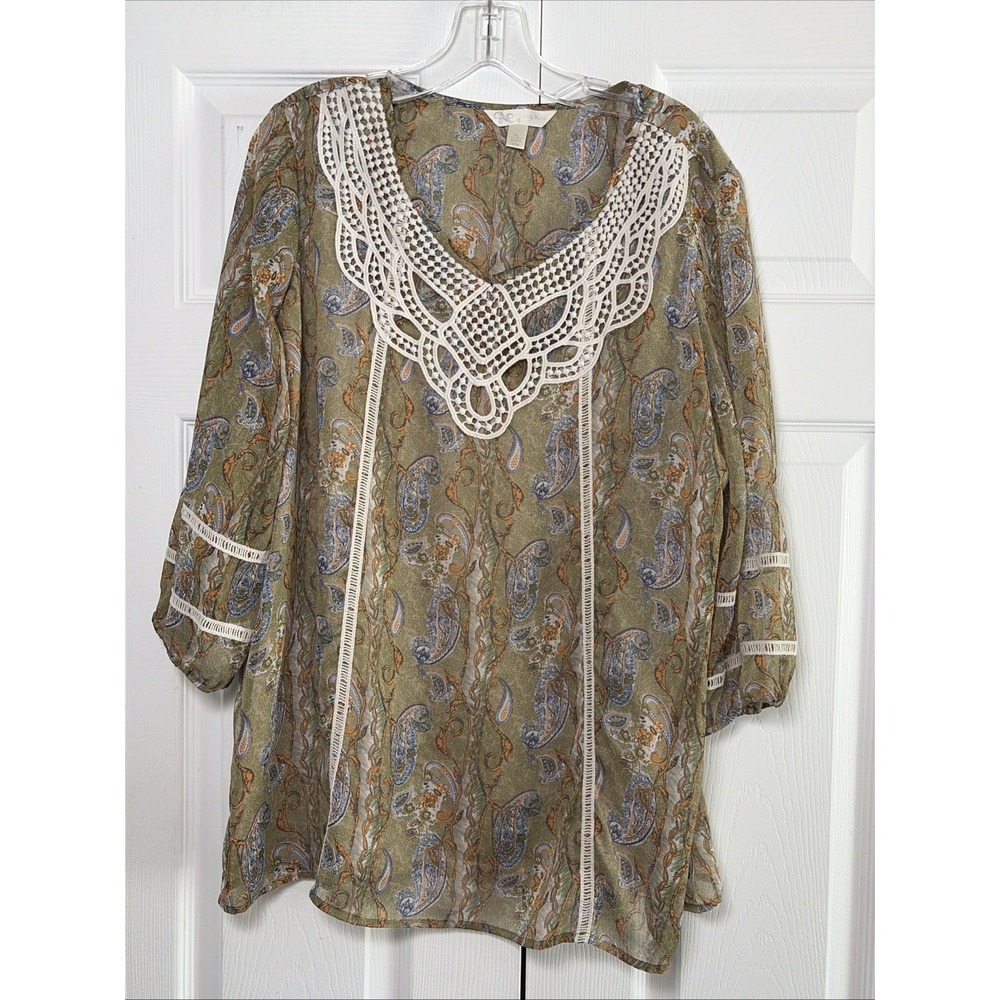 Krazy Kat Paisley Crochet Blouse Womens Size XL Green Boho Peasant Tunic Top